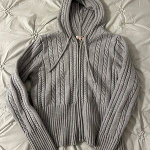 Stella Tweed Light Gray Cable Knit Hooded Sweater
